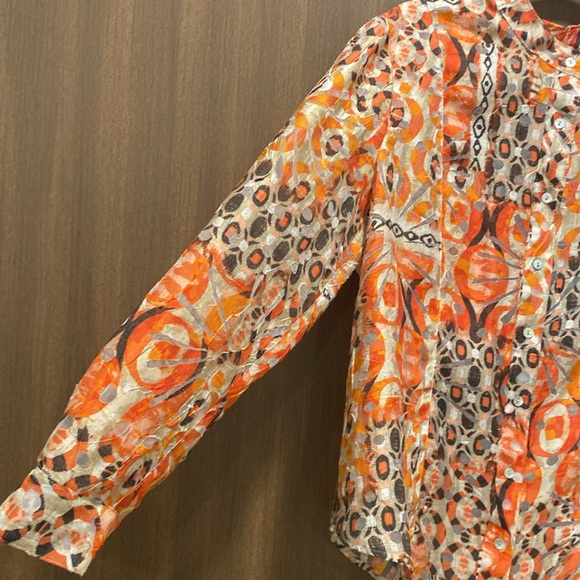 Ruby Rd. Orange Abstract Button Down Top Size 14 Mesh Detail Smocked Back Waist - Picture 5 of 16